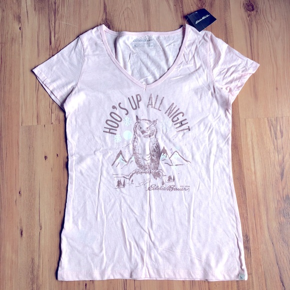 NEW EDDIE BAUER Tee OWL HOO'S UP ALL NIGHT Short Sleeve Shirt Pink Small Women’s - Picture 2 of 16